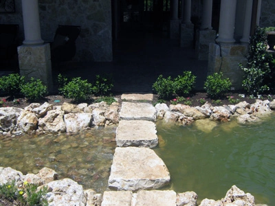 Front yard landscape with pathway and greenery